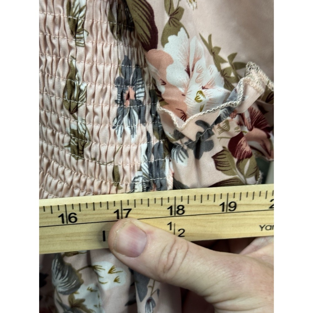 Pink Floral Cottagecore Midi Dress Smocked Bodice Puff Sleeve Tiered Romantic - Picture 7 of 8